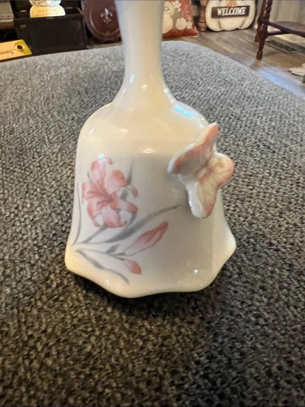 Avon Vintage White Porcelain Hand Bell with Coral Floral Detail And Butterfly